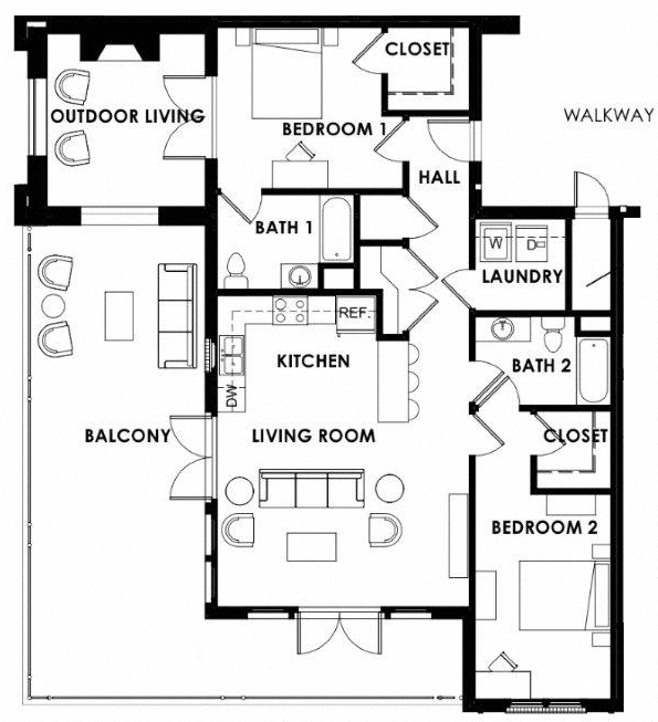 Floor plan for 2 beds, 2 baths, 1171 sqft